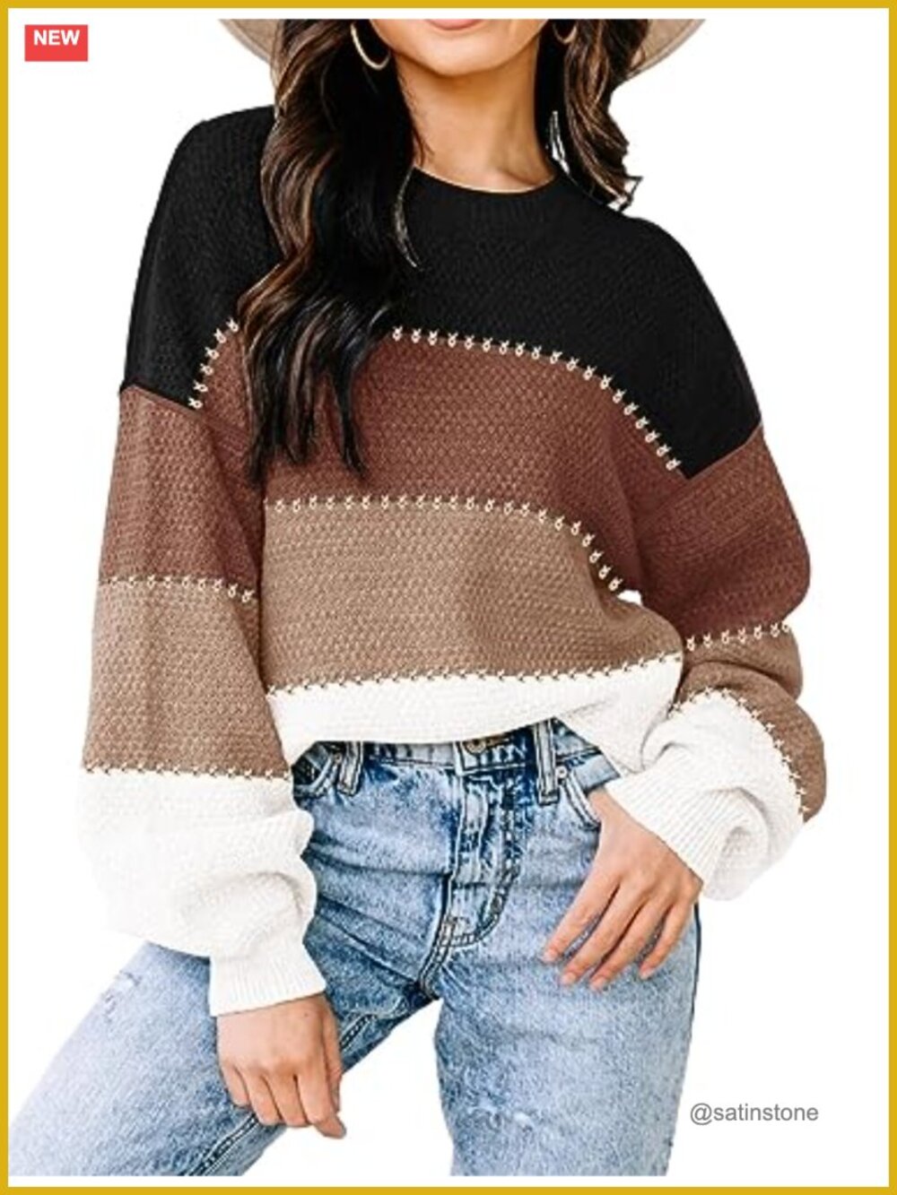 Women's Oversized Color Block Pullover Sweater - Nylon Viscose Knit Tunic Top